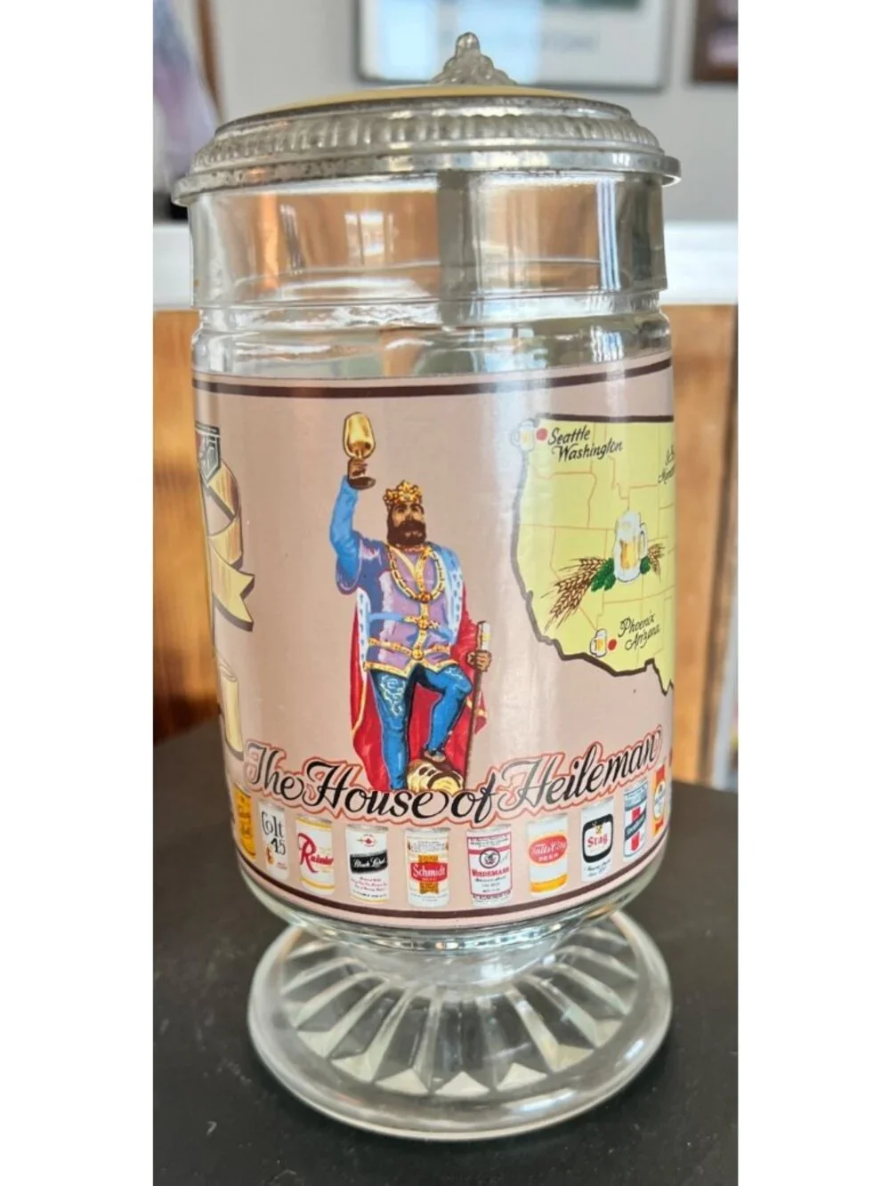 Vintage G. Heilman Brewing Company beer stein, clear glass body, metal lid